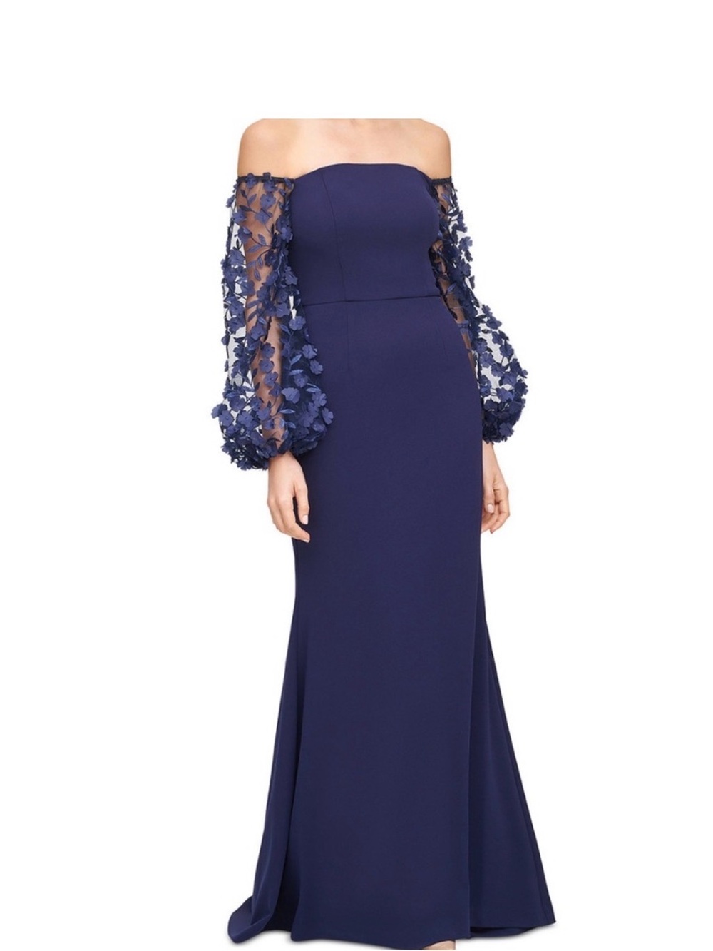 Eliza J Navy Evening Gown with 3D Floral Sheer Sleeves
